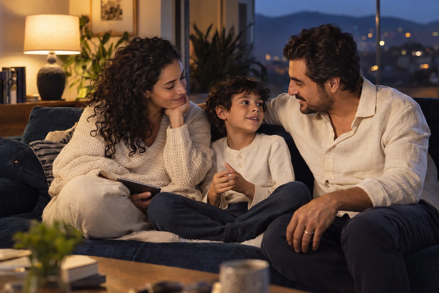 Madre y padre escuchan con cariño a su hijo en casa, escena conceptual